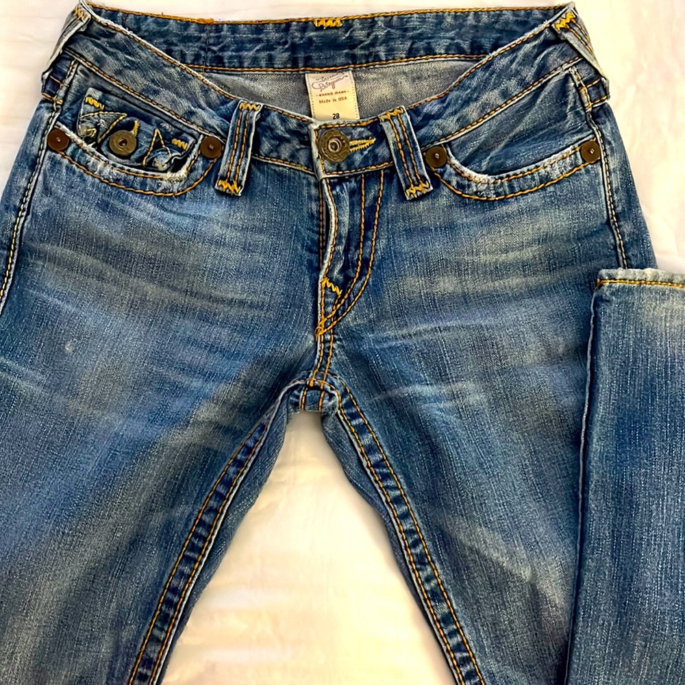 True Religion Vintage distressed with awesome detail denim jeans. Size 28.